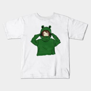 Girl in Green Frog Hoodie Kids T-Shirt